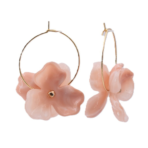 Pink floral earrings with 3 petals on 30mm golden steel hoops (1 pair)
