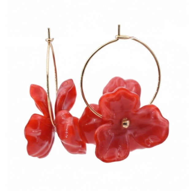 Red floral earrings with 3 petals on 30mm golden steel hoops (1 pair)