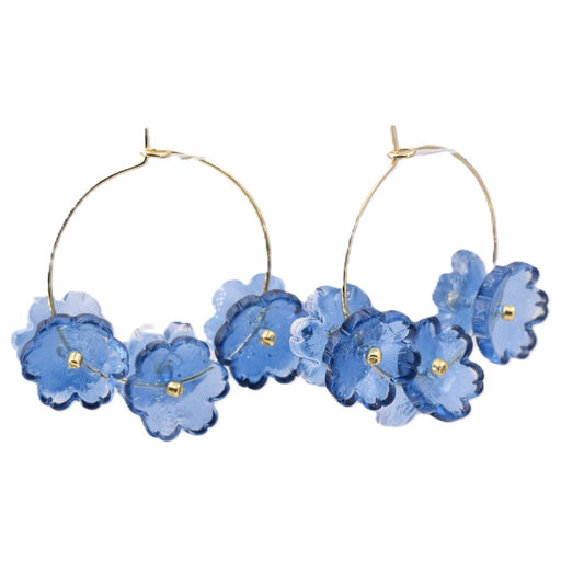 Navy blue floral earrings on 30mm golden steel hoops (1 pair)