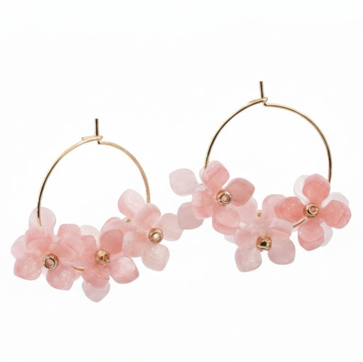 Pink floral earrings on 25mm golden steel hoops (1 pair)