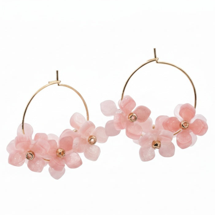 Pink floral earrings on 25mm golden steel hoops (1 pair)