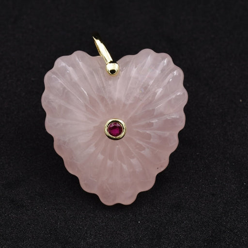 Carved heart pendant rose quartz golden brass and zircon 35x30mm (1)