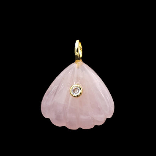 Carved shell-shaped rose quartz pendant - golden brass and zircon 23x20mm plus ring (1)