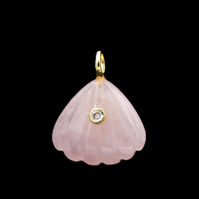 Carved shell-shaped rose quartz pendant - golden brass and zircon 23x20mm plus ring (1)
