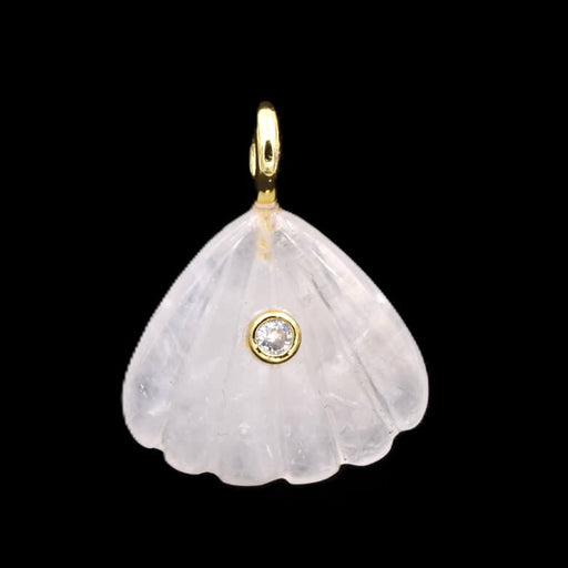 Carved shell-shaped quartz crystal pendant - golden brass and zircon 23x20mm plus bail (1)