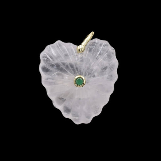 Carved Heart Pendant with Quartz Crystal - Golden Brass and Zircon 35x30mm (1)