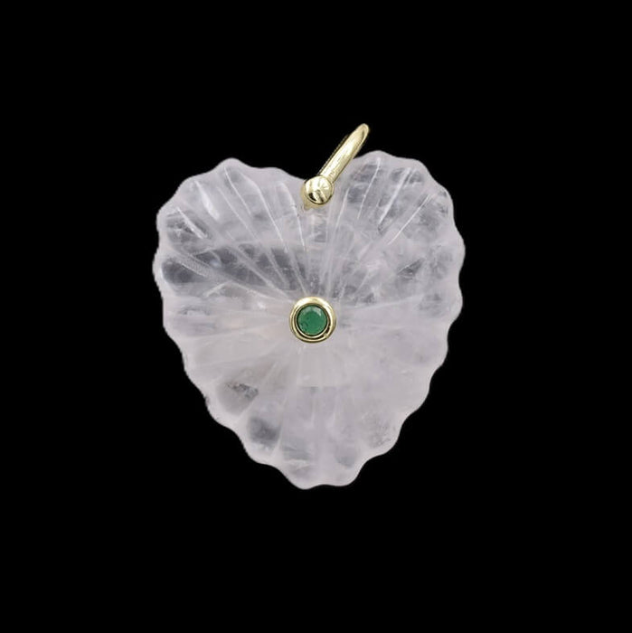 Carved Heart Pendant with Quartz Crystal - Golden Brass and Zircon 35x30mm (1)