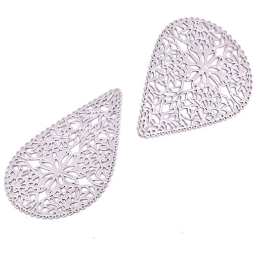 Buy Teardrop pendant with filigram floral motif - Platinum brass - 40x26mm (2)