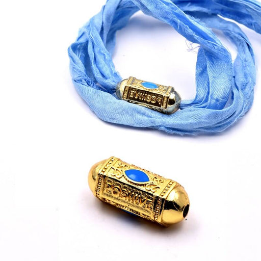 Buy Ethnic hexagonal cylinder bead golden brass - 20x9mm- blue enamel (1)