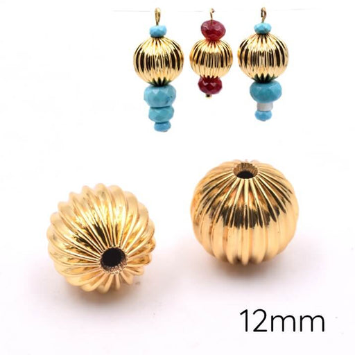 Buy Grooved round golden brass beads - 12mm - Hole: 1.9mm (2)