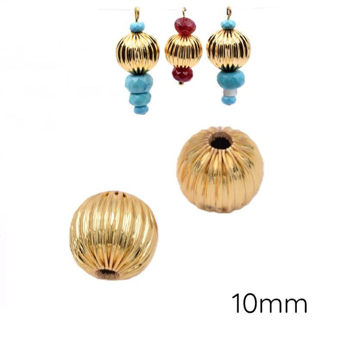 Grooved round golden brass beads - 10mm - Hole: 2mm (2)