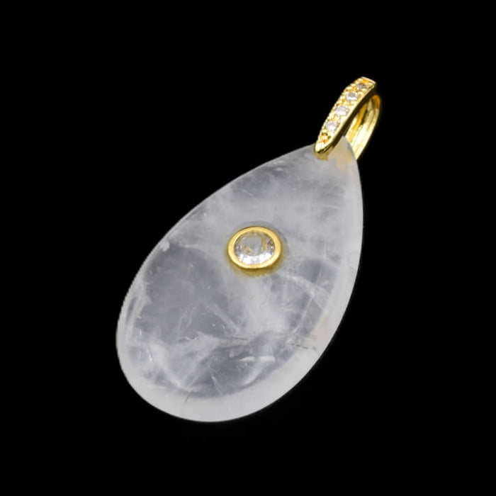 Quartz crystal teardrop pendant with zircon and gold-tone brass bail - 35x20x9mm (1)