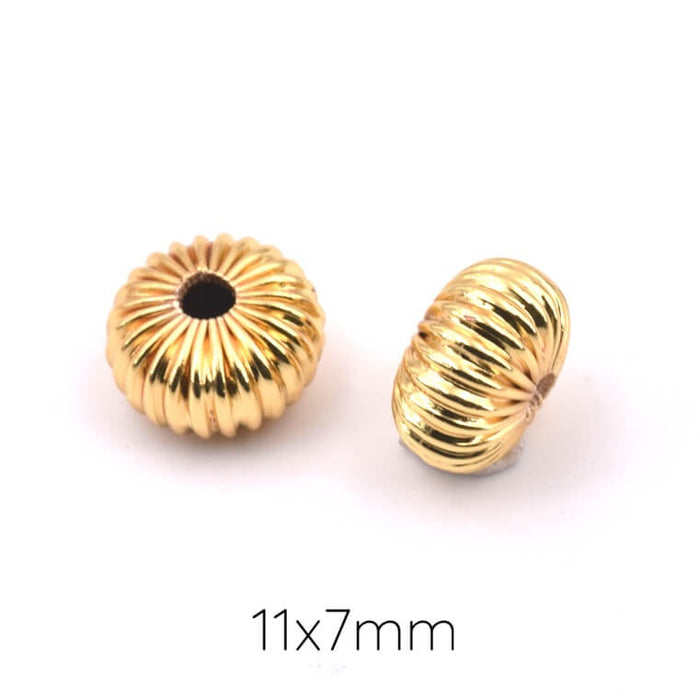 Grooved rondelle beads -Golden brass - 11x7mm - Hole: 2.2mm (2)