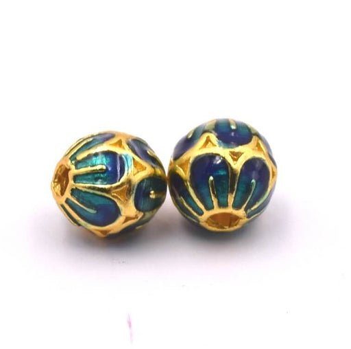 Round bead blue and green enamel metal - 7.5x7mm - Hole: 1.6mm (2)