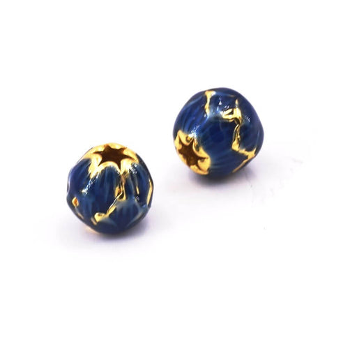 Round bead golden brass quality blue enamel 7mm - Hole: 1.8mm (2)