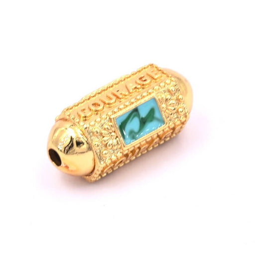 Buy Ethnic hexagonal cylinder bead golden quality and green enamel 19x9mm - (1)