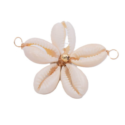 Cowrie shell and gold-plated brass flower connector - 46mm - Hole: 4mm (1)