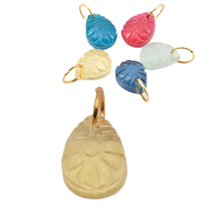 Teardrop Pendant -16x12mm - Carved Flower - imitation Citrine with Brass Ring (1)