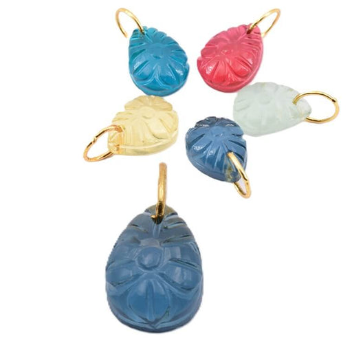 Teardrop Pendant -16x12mm - Carved Flower - imitation Blue Tourmaline with Brass Ring (1)