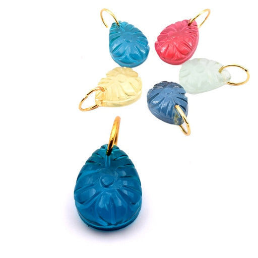 Teardrop Pendant -16x12mm - Carved Flower - imitation Apatite with Brass Ring (1)