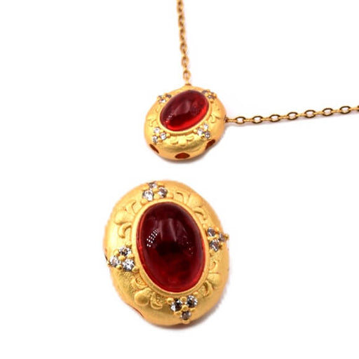Oval multi-strand bead - Matte goldenbrass - 12x10mm - red cabochon (1)
