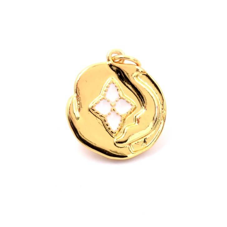 975 Bre Medallion pendant - Golden brass and white enamel - 15mm - Hole: 3mm (1)