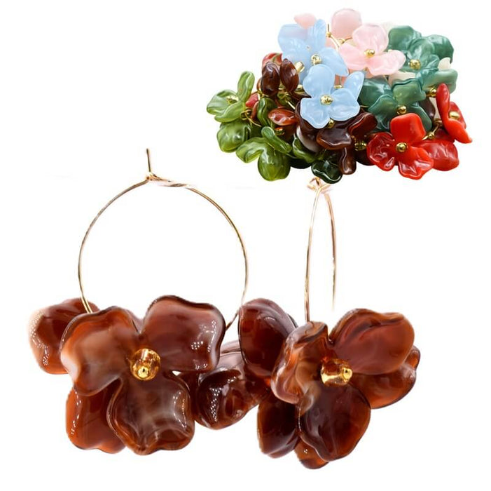 Cappuccino acrylic petal earrings on 25mm golden steel hoops (1 pair)