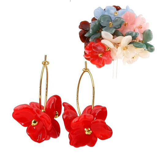 Scarlet acrylic petal earrings on 25mm golden steel hoops (1 pair)