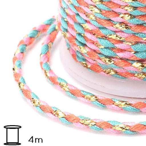 Braided cotton cord pink- gold and turquoise thread - 2mm (4m spool)