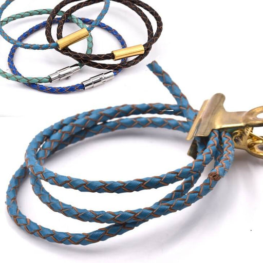 Buy Braided round leather cord Turquoise blue - 3mm (50cm)