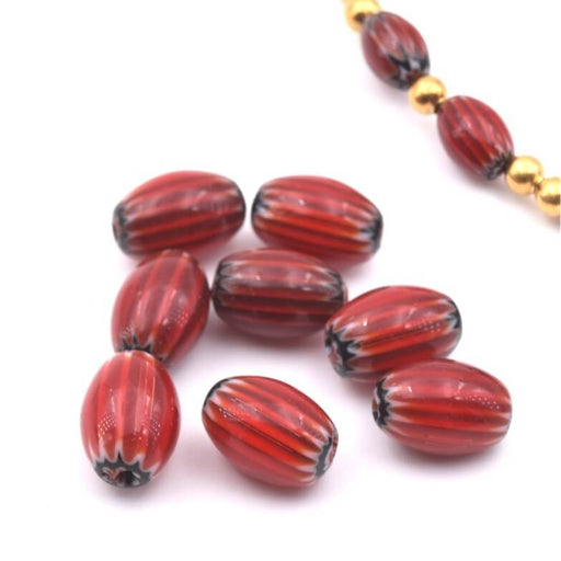 Millefiori red barrel tube beads 8.5-9x6-6.5mm - hole: 0.8mm (10)