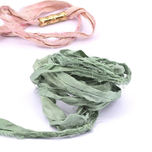 Silk Ribbon Almond Green Crumpled Frayed Recycled Sari 3cm (1m)
