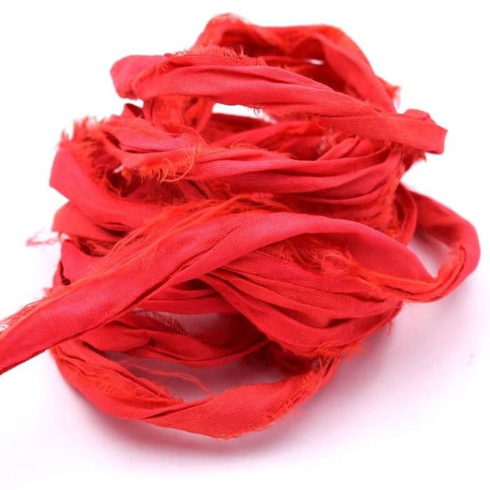 Recycled Sari Silk Ribbon - Frayed Crinkled - Red - (1m)