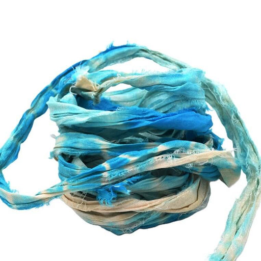 Buy Recycled Sari Silk Ribbon - Frayed Crinkled- Blue and White - 30mm (1m)