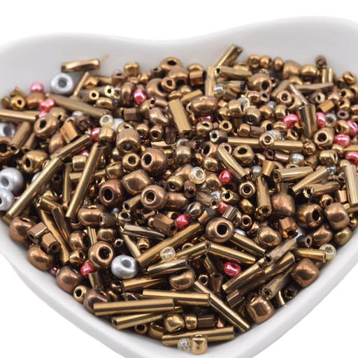 Mix of seed beads and bronze and pink round and tube beads (10g)