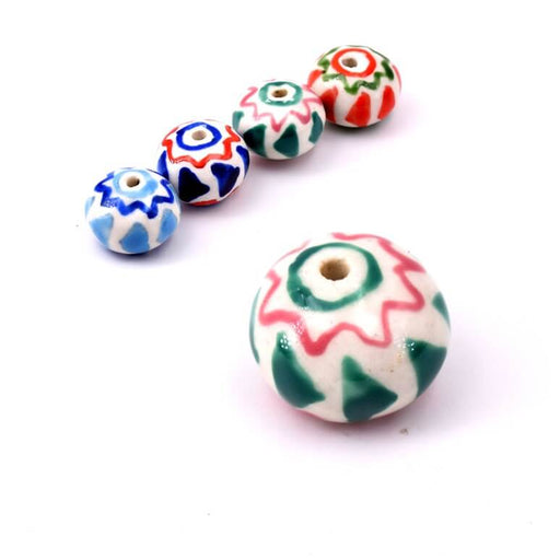 Porcelain rondelle bead - White green and pink 11x15mm (1)