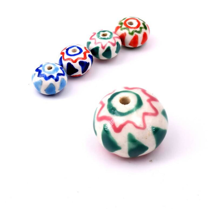 Porcelain rondelle bead - White green and pink 11x15mm (1)