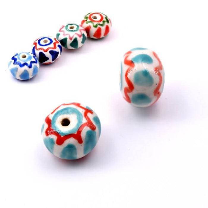 Porcelain rondelle bead - White turquoise and red 11x15mm (1)