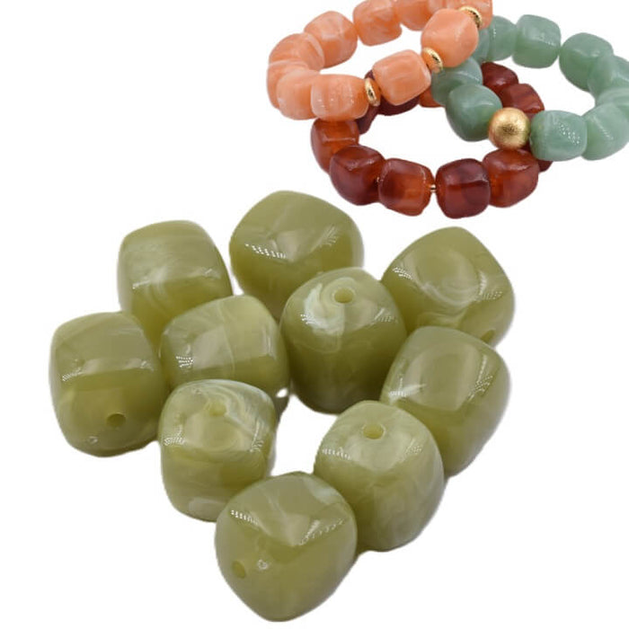 Rounded cube bead olive green resin - 17x16mm - Hole: 2mm (12)
