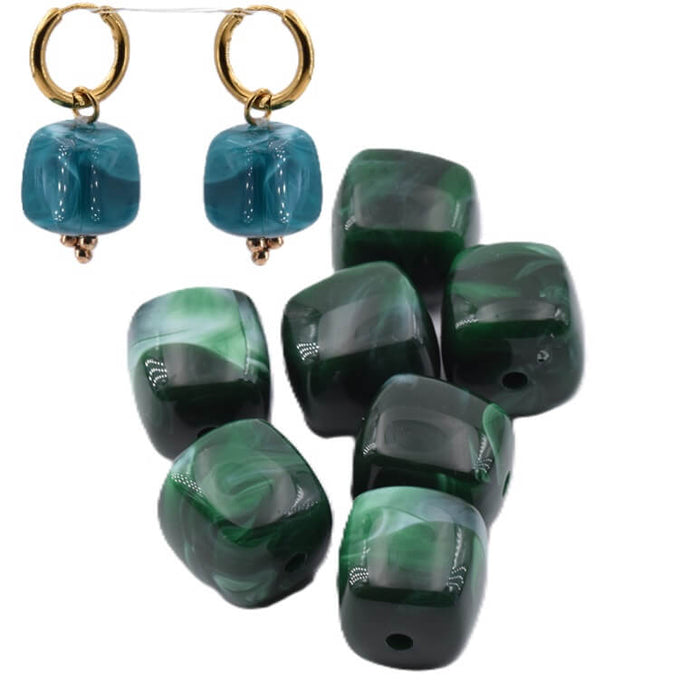 Rounded cube bead - malachite green resin - 17x16mm - Hole: 2mm (12)