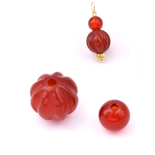 Carnelian pumpkin carved bead 10mm and round bead 6mm Hole : 1mm (1)