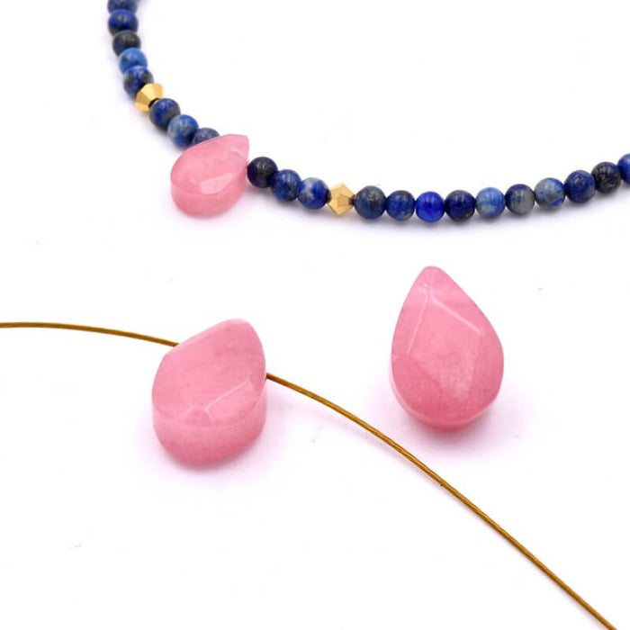 Flat faceted teardrop pendant jade pink-tinted - 9-10mm - Hole: 0.8mm (2)