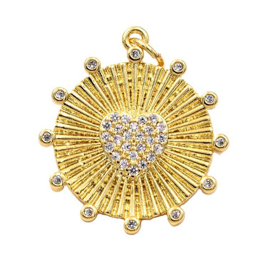 Round pendant with heart - golden brass and zirconia 20mm - Hole: 2mm (1)