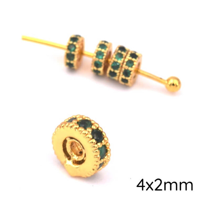 Heishi Bead with Green Zirconia 4x2mm Golden Brass - Hole: 0.8mm (1)