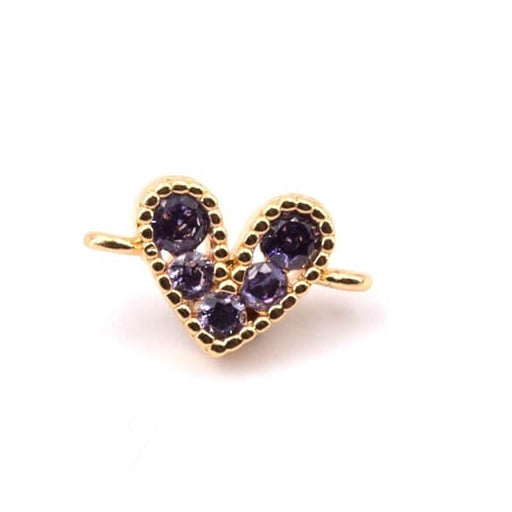 Heart connector with purple zircon - 9mm - golden brass- Hole: 1mm (1)