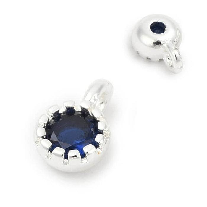 Round silver brass pendant - blue zircon - 5mm - Hole: 1mm (2)