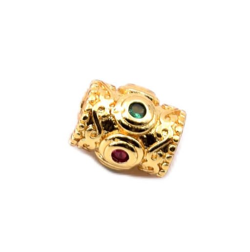 Buy Tube bead with green and red zircons - Golden brass 8x7mm, hole: 3mm (1)