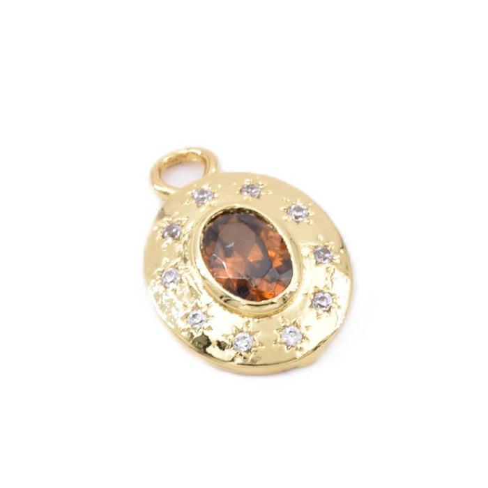 Oval pendant Golden brass oval pendant with brown topaz zircon - 18x12mm - Hole: 2.5mm (1)