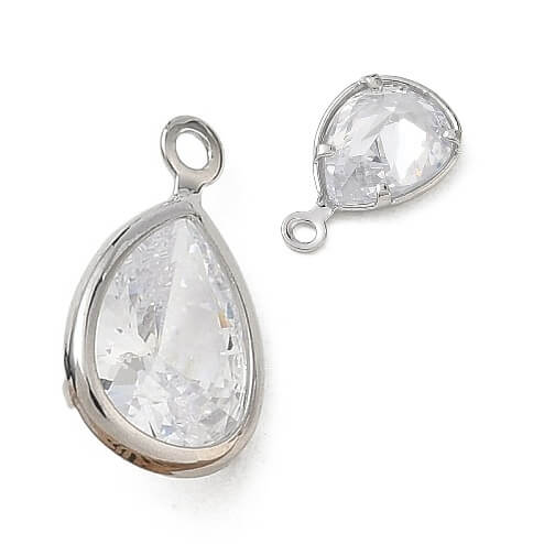 Teardrop pendant with cubic zirconia - Platinum color brass - 11.5x7mm (1)