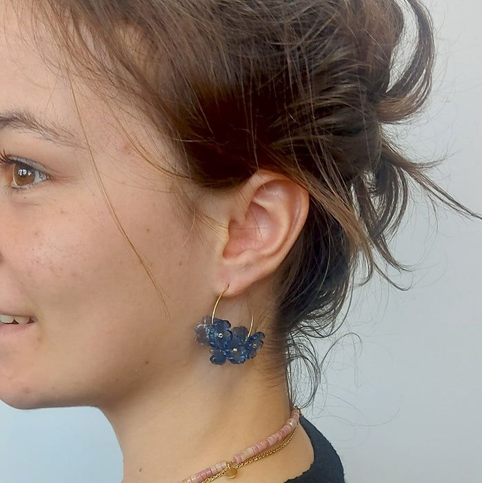 Navy blue floral earrings on 30mm golden steel hoops (1 pair)